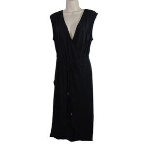 A New Day Black Sleeveless Surplice Dress Low V-neck Women Size L Tie Belted